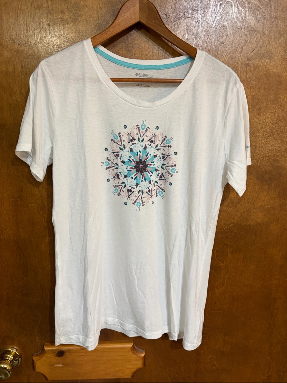 Columbia White Short-Sleeve Tee with Teal and Brown Mandala